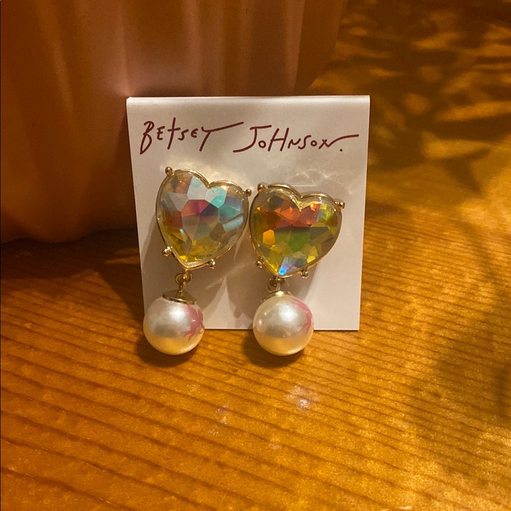 Betsey Johnson Heart Earrings with Pearl Drop